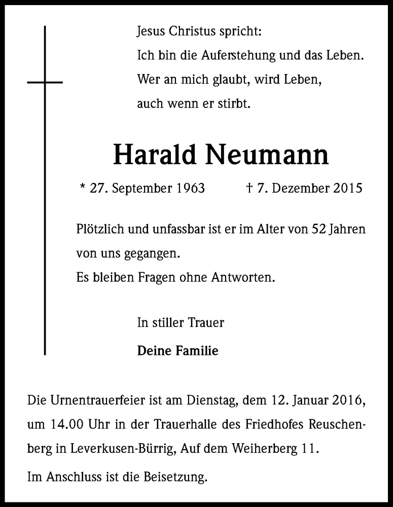  Traueranzeige für Harald Neumann vom 09.01.2016 aus Kölner Stadt-Anzeiger / Kölnische Rundschau / Express