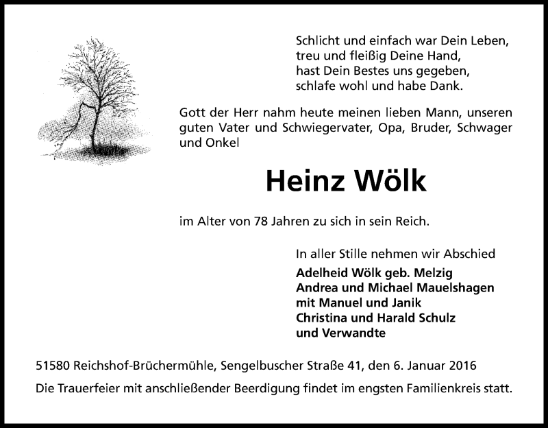  Traueranzeige für Heinz Wölk vom 09.01.2016 aus Kölner Stadt-Anzeiger / Kölnische Rundschau / Express