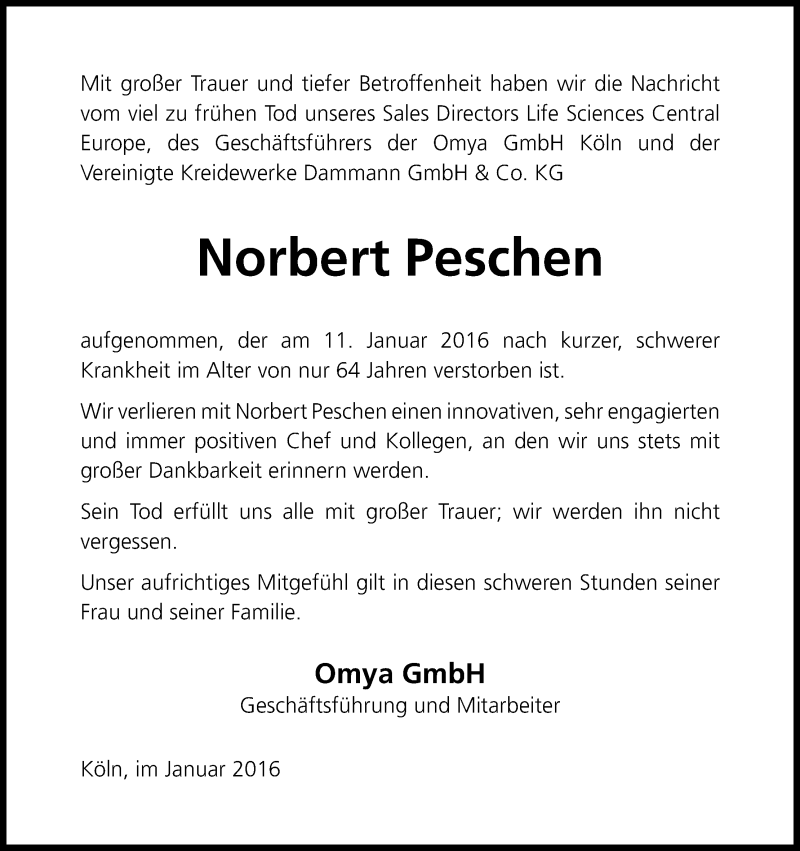  Traueranzeige für Norbert Peschen vom 23.01.2016 aus Kölner Stadt-Anzeiger / Kölnische Rundschau / Express