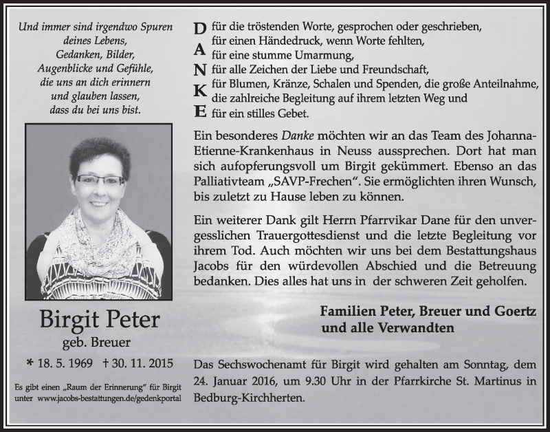  Traueranzeige für Birgit Peter vom 16.01.2016 aus  Sonntags-Post 