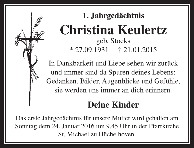  Traueranzeige für Christina Keulertz vom 20.01.2016 aus  Werbepost 