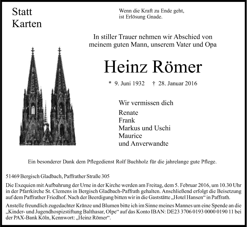  Traueranzeige für Heinz Römer vom 01.02.2016 aus Kölner Stadt-Anzeiger / Kölnische Rundschau / Express