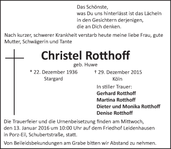 Anzeige von Christel Rotthoff von  Kölner Wochenspiegel 