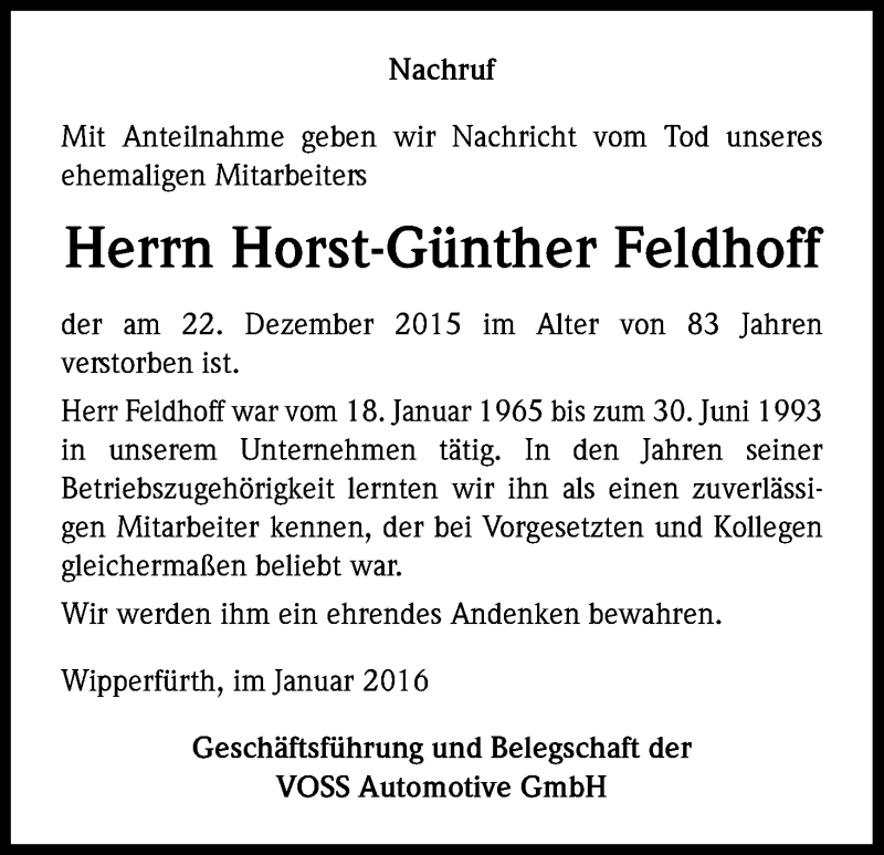  Traueranzeige für Horst-Günther Feldhoff vom 09.01.2016 aus Kölner Stadt-Anzeiger / Kölnische Rundschau / Express