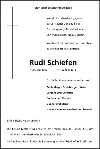 Anzeige von Rudi Schiefen von Kölner Stadt-Anzeiger / Kölnische Rundschau / Express