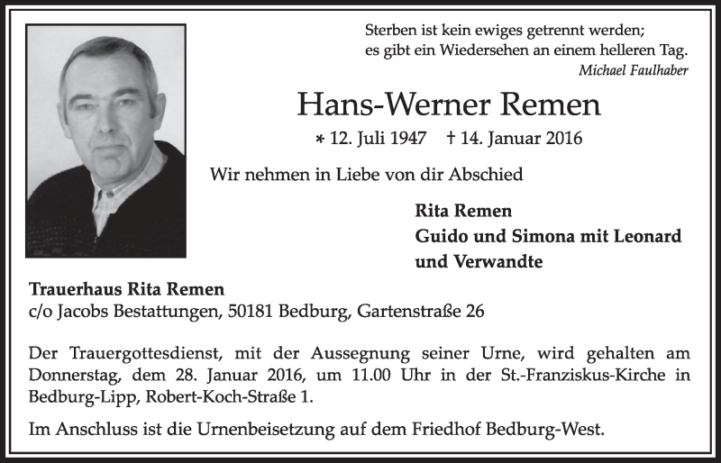  Traueranzeige für Hans-Werner Remen vom 23.01.2016 aus  Sonntags-Post 