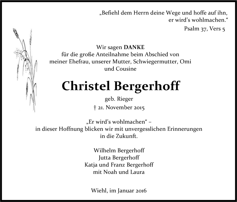  Traueranzeige für Christel Bergerhoff vom 29.01.2016 aus Kölner Stadt-Anzeiger / Kölnische Rundschau / Express
