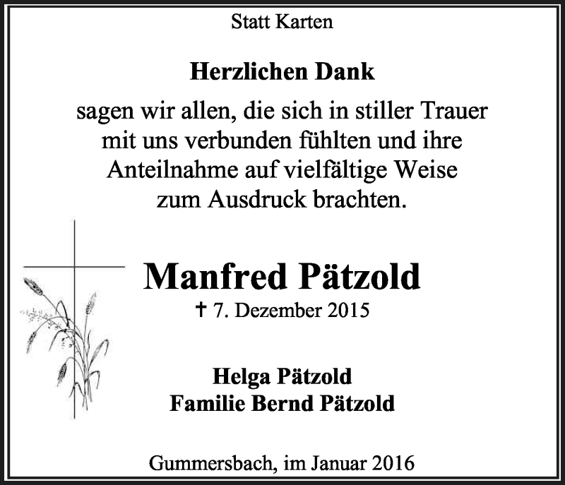 Traueranzeige für Manfred Pätzold vom 23.01.2016 aus Kölner Stadt-Anzeiger / Kölnische Rundschau / Express