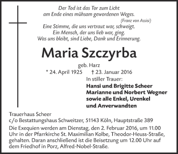 Anzeige von Maria Szczyrba von  Kölner Wochenspiegel 