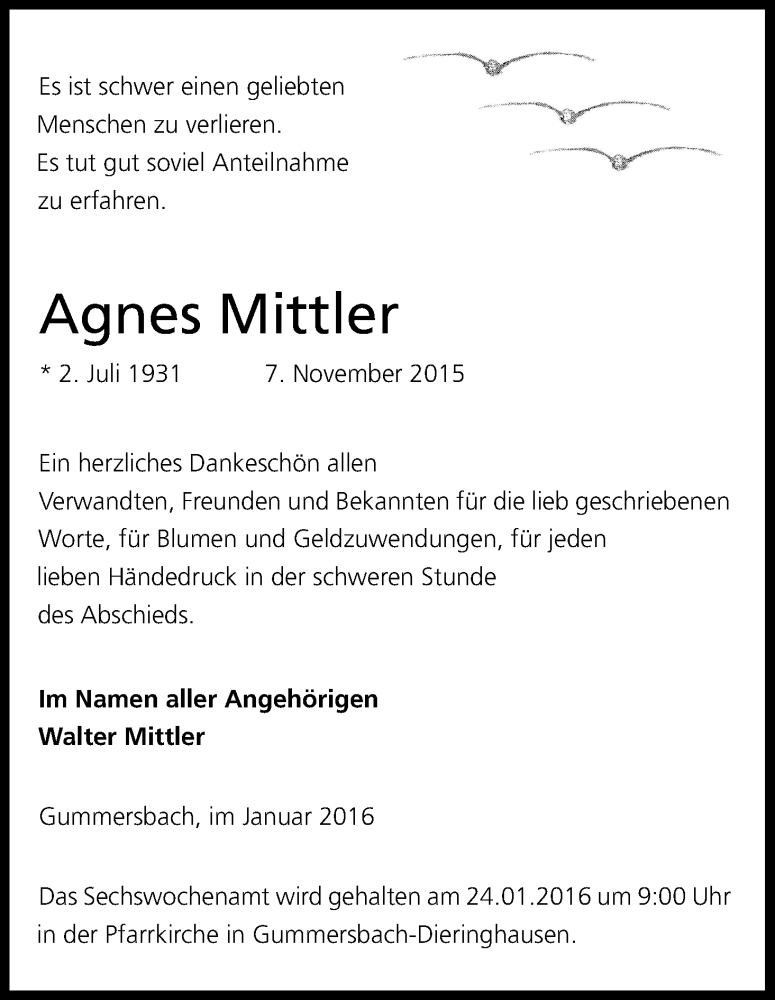  Traueranzeige für Agnes Mittler vom 16.01.2016 aus Kölner Stadt-Anzeiger / Kölnische Rundschau / Express