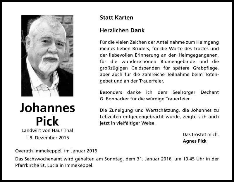 Traueranzeige für Johannes Pick vom 23.01.2016 aus Kölner Stadt-Anzeiger / Kölnische Rundschau / Express