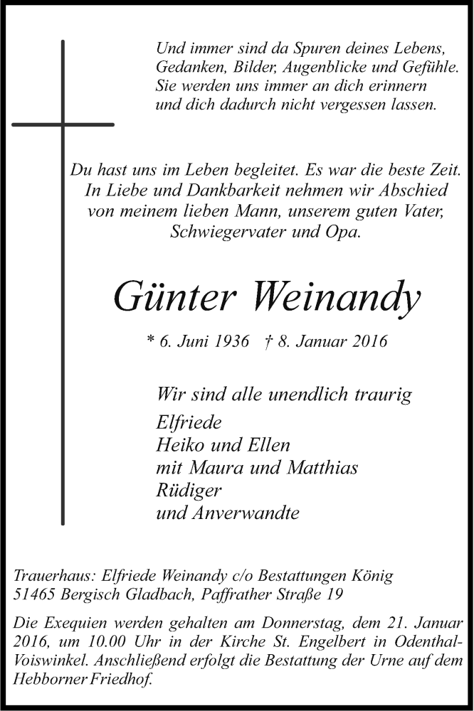  Traueranzeige für Günter Weinandy vom 16.01.2016 aus Kölner Stadt-Anzeiger / Kölnische Rundschau / Express