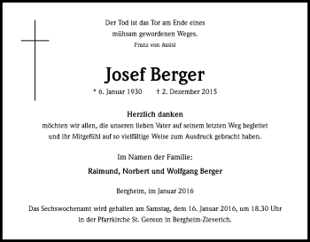 Anzeige von Josef Berger von Kölner Stadt-Anzeiger / Kölnische Rundschau / Express
