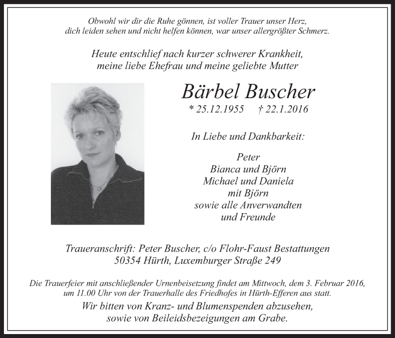  Traueranzeige für Bärbel Buscher vom 27.01.2016 aus  Wochenende 