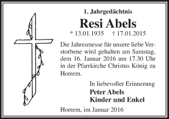 Anzeige von Resi Abels von  Sonntags-Post 