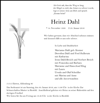 Anzeige von Heinz Dahl von Kölner Stadt-Anzeiger / Kölnische Rundschau / Express