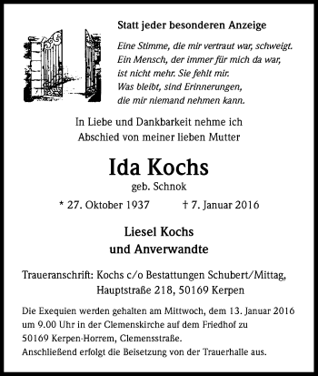 Anzeige von Ida Kochs von Kölner Stadt-Anzeiger / Kölnische Rundschau / Express