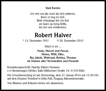 Anzeige von Robert Halver von Kölner Stadt-Anzeiger / Kölnische Rundschau / Express