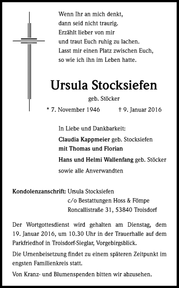 Anzeige von Ursula Stocksiefen von Kölner Stadt-Anzeiger / Kölnische Rundschau / Express
