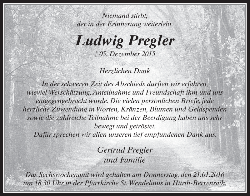  Traueranzeige für Ludwig Pregler vom 13.01.2016 aus  Wochenende 