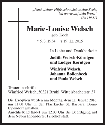 Anzeige von Marie-Louise Welsch von  Schlossbote/Werbekurier 