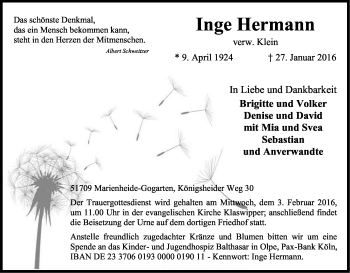 Anzeige von Inge Hermann von Kölner Stadt-Anzeiger / Kölnische Rundschau / Express