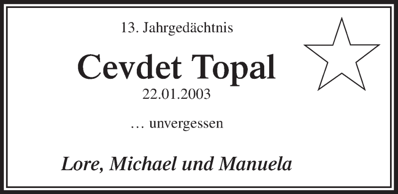  Traueranzeige für Cevdet Topal vom 20.01.2016 aus  Extra Blatt 