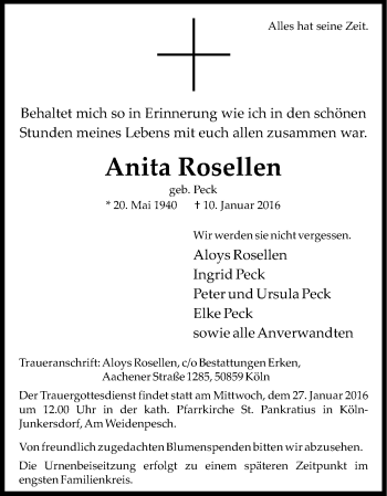 Anzeige von Anita Rosellen von Kölner Stadt-Anzeiger / Kölnische Rundschau / Express