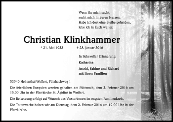 Anzeige von Christian Klinkhammer von Kölner Stadt-Anzeiger / Kölnische Rundschau / Express