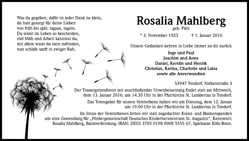  Traueranzeige für Rosalia Mahlberg vom 05.01.2016 aus Kölner Stadt-Anzeiger / Kölnische Rundschau / Express