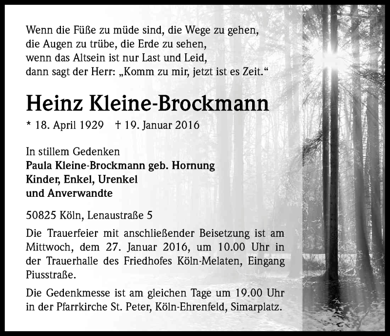  Traueranzeige für Heinz Kleine-Brockmann vom 22.01.2016 aus Kölner Stadt-Anzeiger / Kölnische Rundschau / Express