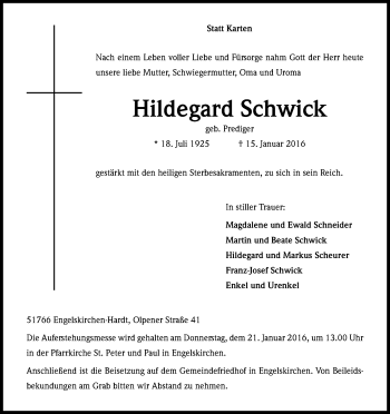 Anzeige von Hildegard Schwick von Kölner Stadt-Anzeiger / Kölnische Rundschau / Express