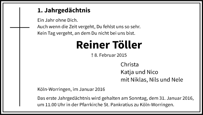  Traueranzeige für Reiner Töller vom 23.01.2016 aus Kölner Stadt-Anzeiger / Kölnische Rundschau / Express