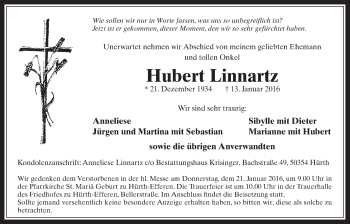 Anzeige von Hubert Linnartz von  Wochenende 