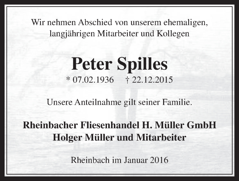  Traueranzeige für Peter Spilles vom 06.01.2016 aus  Schaufenster/Blickpunkt 