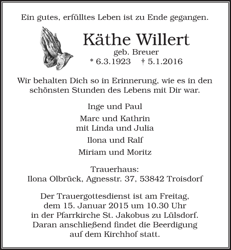  Traueranzeige für Käthe Willert vom 13.01.2016 aus  Extra Blatt 