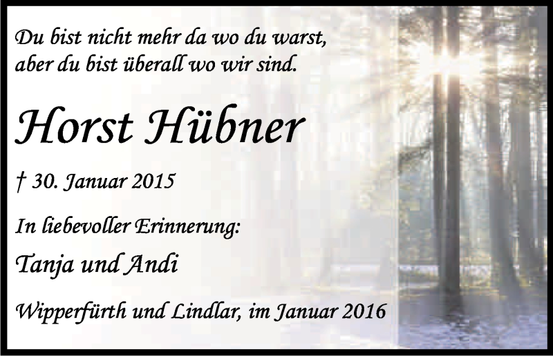  Traueranzeige für Horst Hübner vom 30.01.2016 aus Kölner Stadt-Anzeiger / Kölnische Rundschau / Express