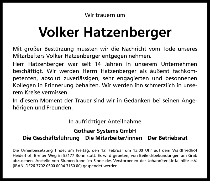  Traueranzeige für Volker Hatzenberger vom 30.01.2016 aus Kölner Stadt-Anzeiger / Kölnische Rundschau / Express