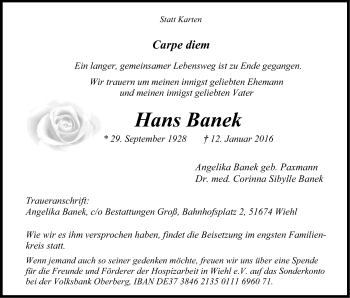 Anzeige von Hans Banek von Kölner Stadt-Anzeiger / Kölnische Rundschau / Express