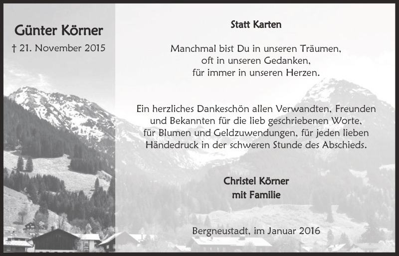  Traueranzeige für Günter Körner vom 13.01.2016 aus  Anzeigen Echo 