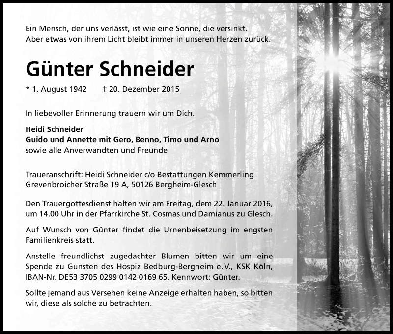  Traueranzeige für Günter Schneider vom 16.01.2016 aus Kölner Stadt-Anzeiger / Kölnische Rundschau / Express