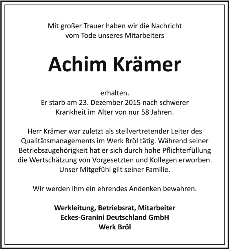  Traueranzeige für Achim Krämer vom 09.01.2016 aus  Rhein-Sieg-Wochenende 