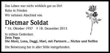 Anzeige von Dietmar Soldat von Kölner Stadt-Anzeiger / Kölnische Rundschau / Express