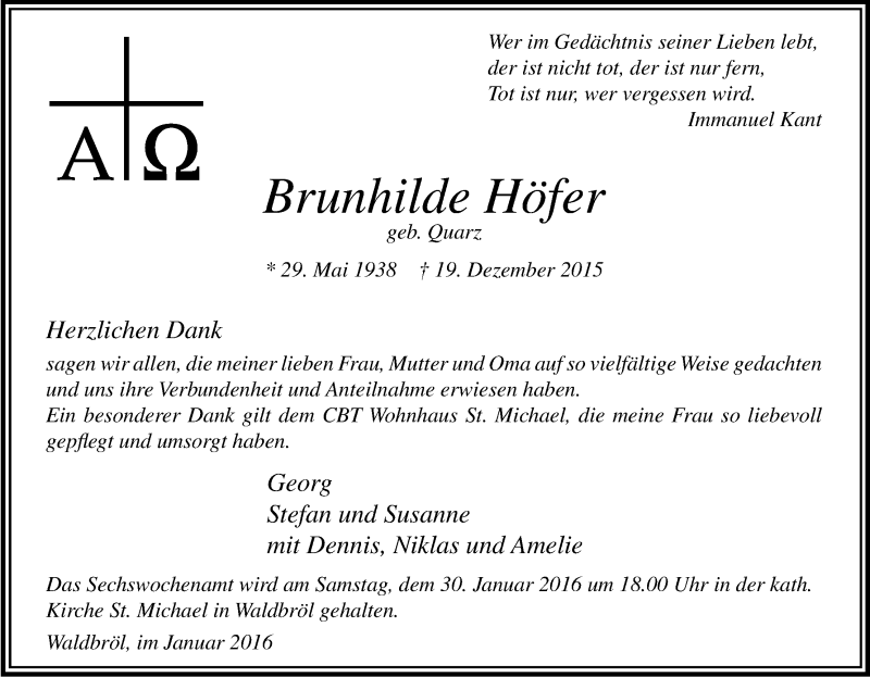  Traueranzeige für Brunhilde Höfer vom 27.01.2016 aus Kölner Stadt-Anzeiger / Kölnische Rundschau / Express