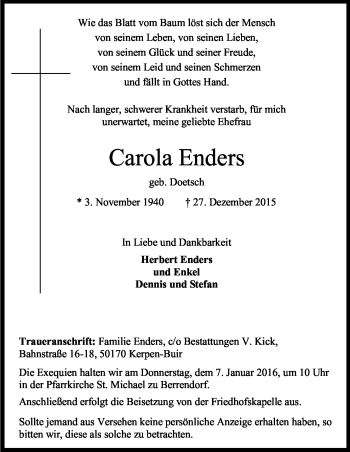 Anzeige von Carola Enders von Kölner Stadt-Anzeiger / Kölnische Rundschau / Express