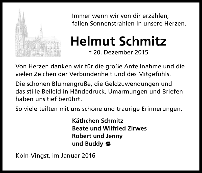  Traueranzeige für Helmut Schmitz vom 23.01.2016 aus Kölner Stadt-Anzeiger / Kölnische Rundschau / Express