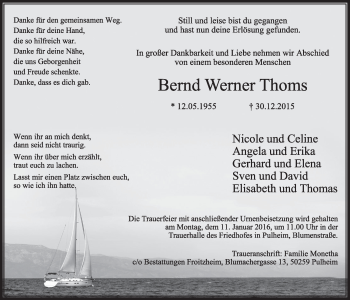 Anzeige von Bernd Werner Thoms von  Sonntags-Post 