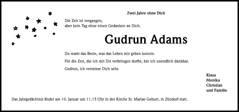  Traueranzeige für Gudrun Adams vom 09.01.2016 aus Kölner Stadt-Anzeiger / Kölnische Rundschau / Express