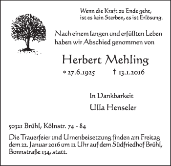 Anzeige von Herbert Mehling von  Schlossbote/Werbekurier 