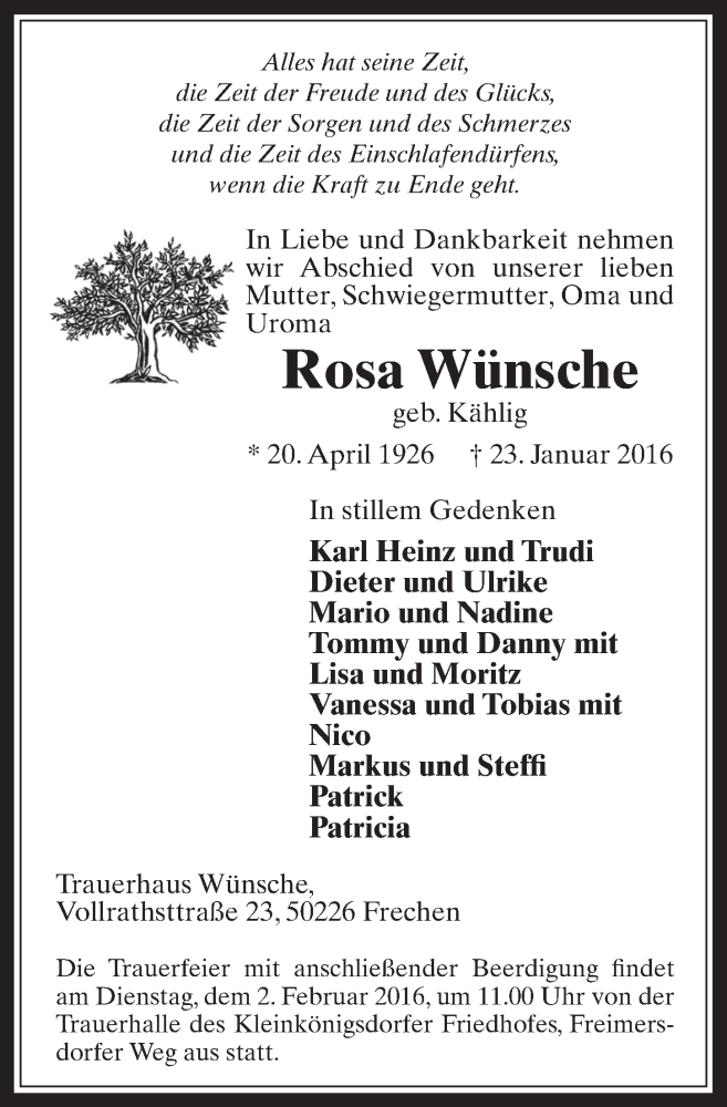  Traueranzeige für Rosa Wünsche vom 27.01.2016 aus  Wochenende 